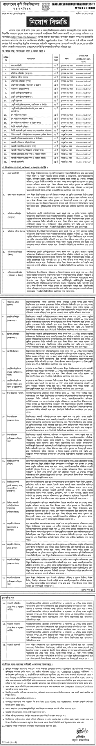 বাংলাদেশ কৃষি বিশ্ববিদ্যালয় নিয়োগ
